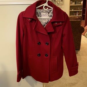 NWOT Classic Pea coat Red wine color, lined & hooded(detachable) peacoat